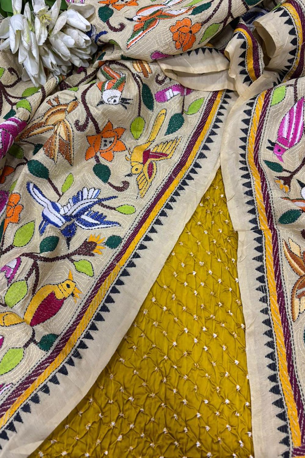 Yellow Bandhani Modal Silk Suit — Kantha Embroidered Bangalore Silk Dupatta, Festive