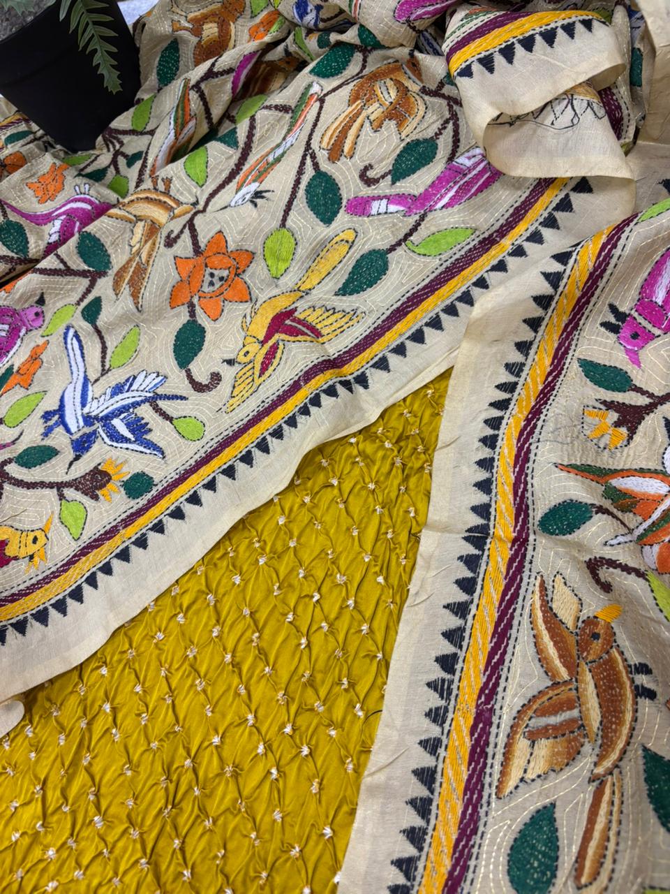 Yellow Bandhani Modal Silk Suit — Kantha Embroidered Bangalore Silk Dupatta, Festive