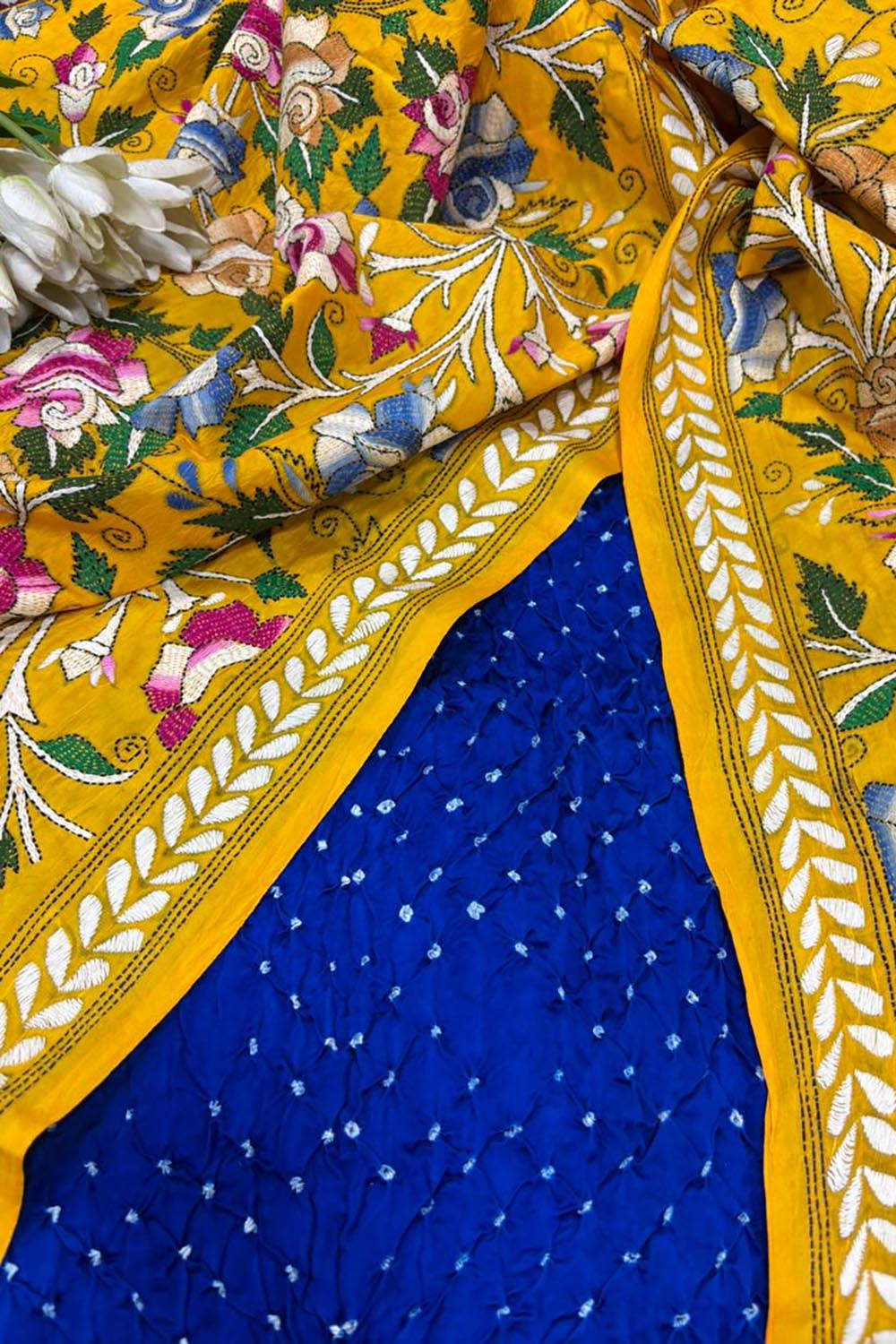 Blue Bandhani Modal Silk Suit — Kantha Flower Dupatta, Festive