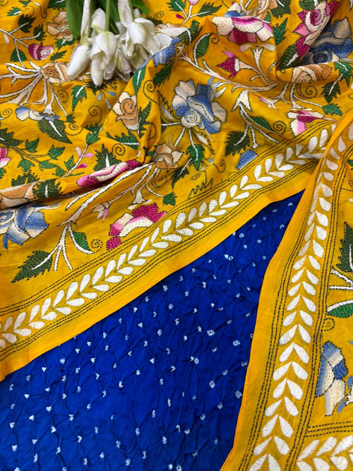 Blue Bandhani Modal Silk Suit With Yellow Hand Embroidered Kantha Pure Bangalore Silk Flower Design Dupatta IS4B226062502