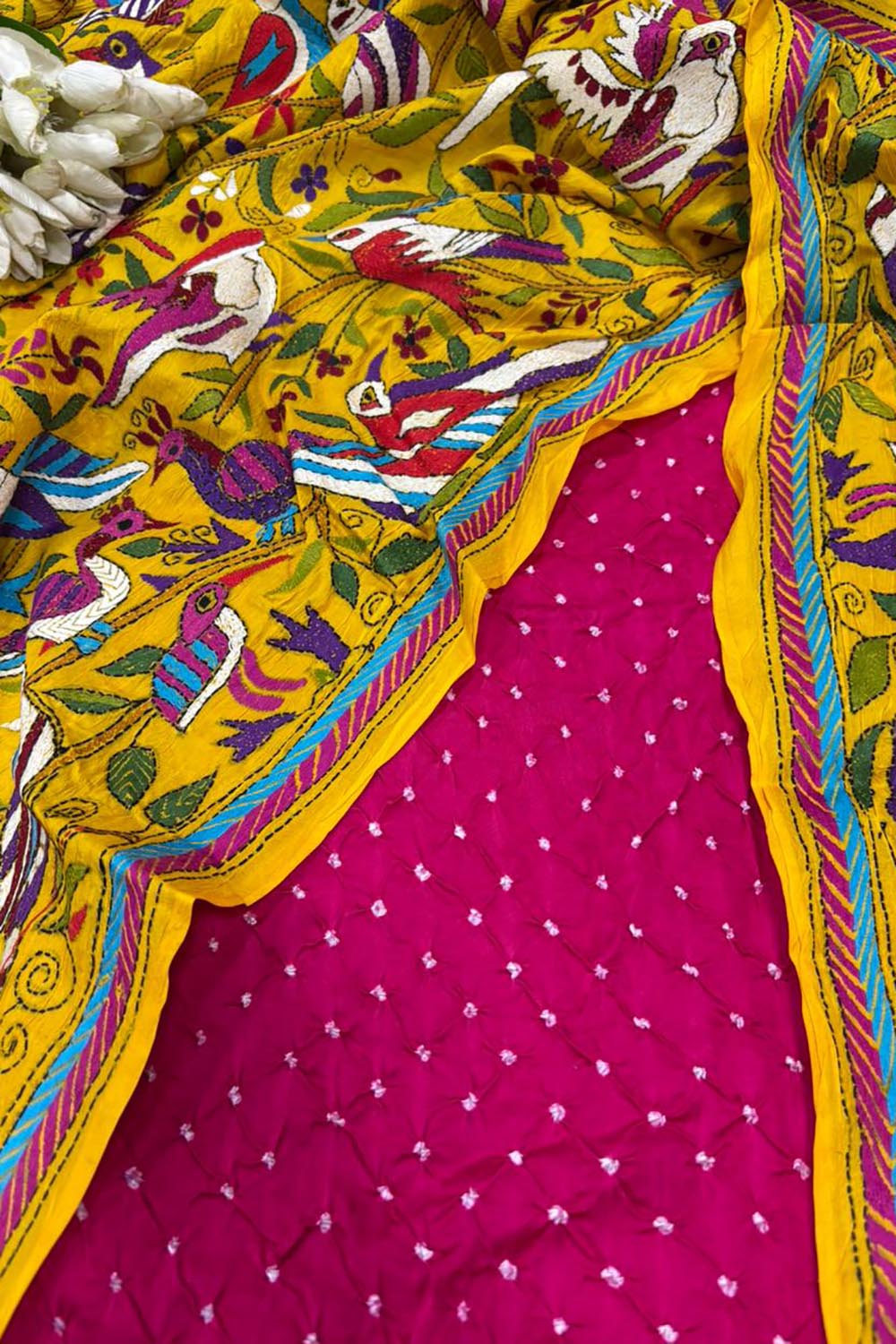 Pink Bandhani Modal Silk Suit — Kantha Bird Dupatta, Festive