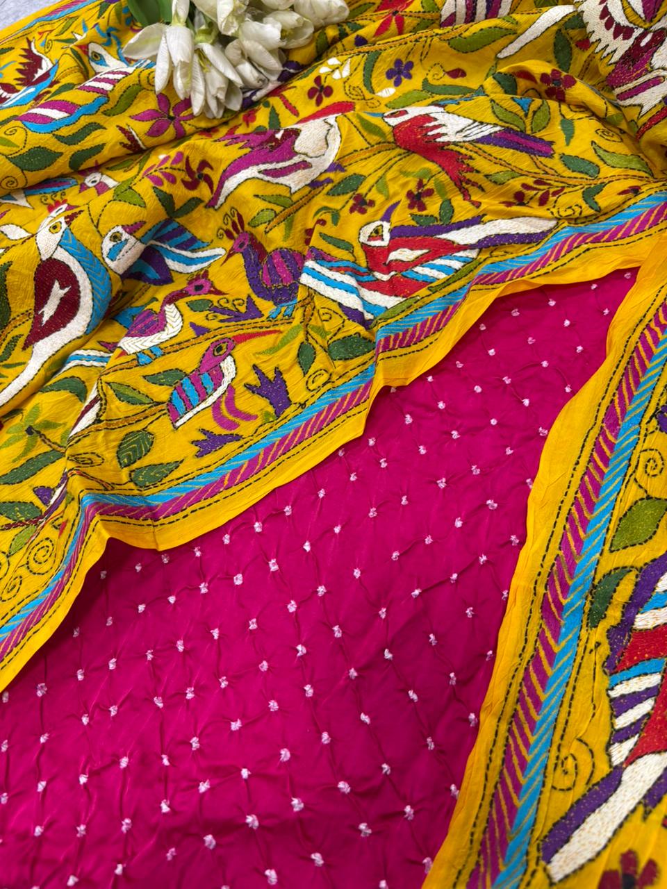 Pink Bandhani Modal Silk Suit — Kantha Bird Dupatta, Festive