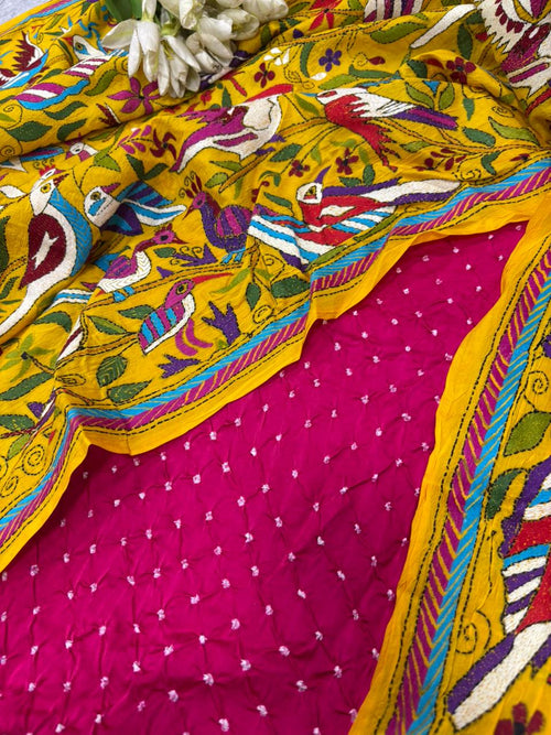 Pink Bandhani Modal Silk Suit — Kantha Bird Dupatta, Festive