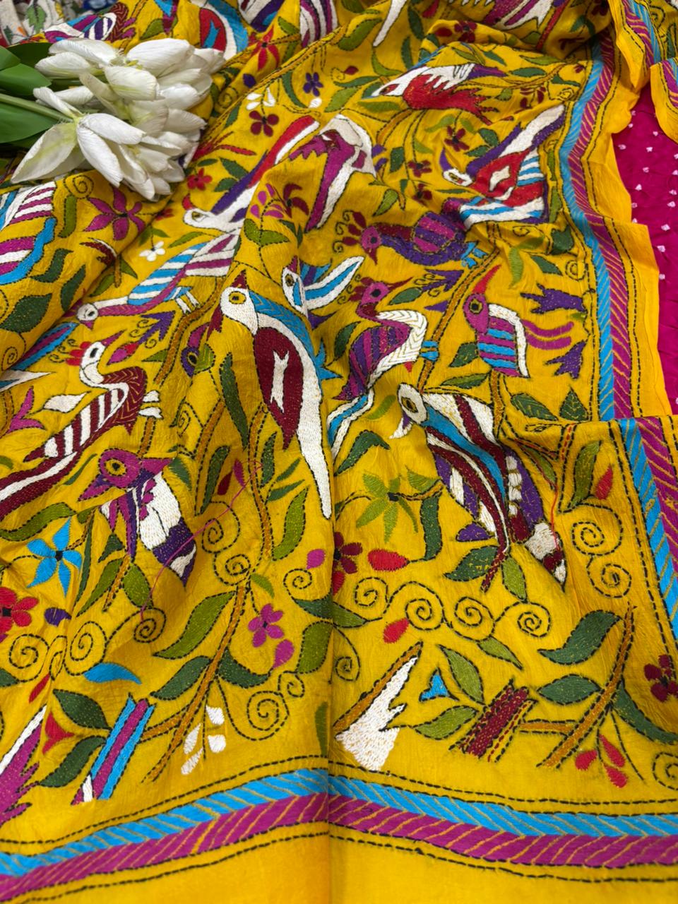 Pink Bandhani Modal Silk Suit — Kantha Bird Dupatta, Festive