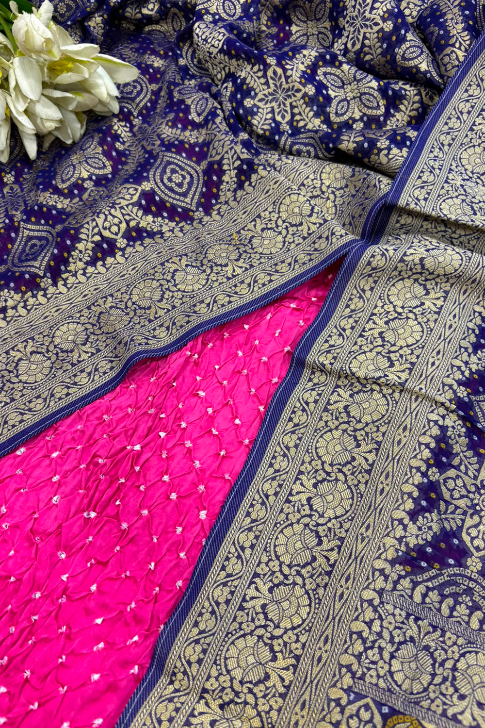 Pink Bandhani Modal Silk Suit With Blue Banarasi Bandhani Georgette Dupatta