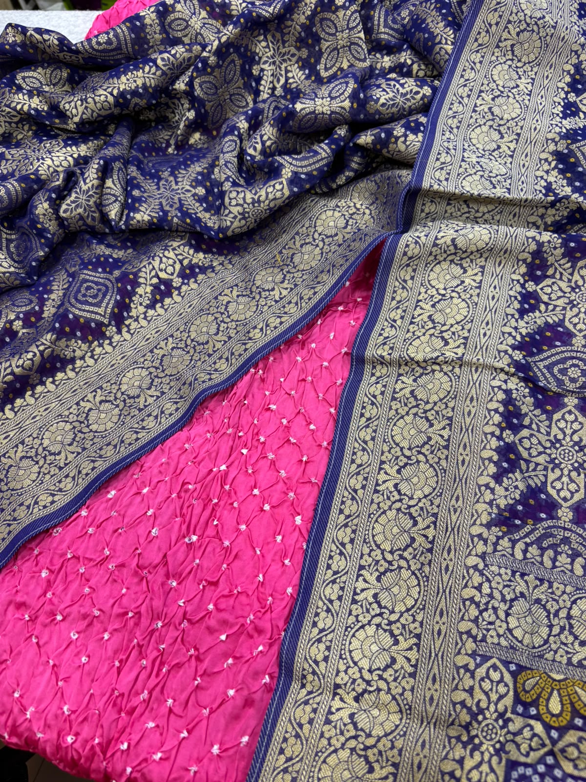 Pink Bandhani Modal Silk Suit With Blue Banarasi Bandhani Georgette Dupatta