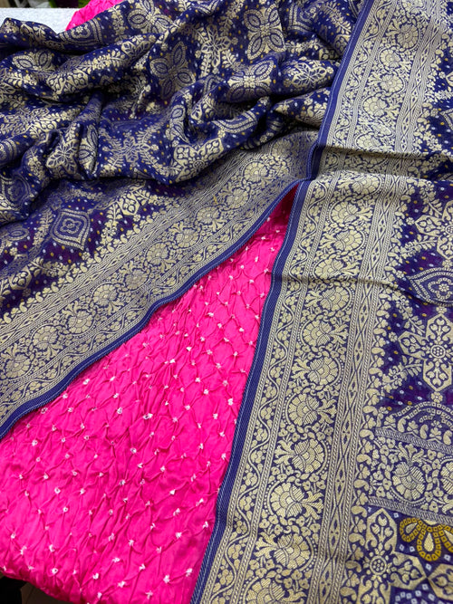 Pink Bandhani Modal Silk Suit With Blue Banarasi Bandhani Georgette Dupatta