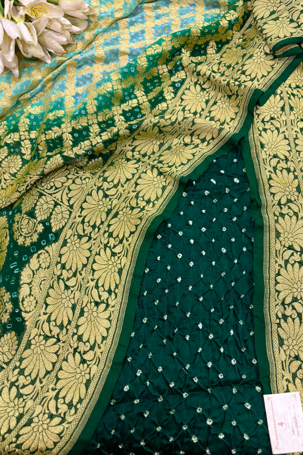 Green Bandhani Modal Silk Suit With Blue & Green Banarasi Bandhani Pure Georgette Dupatta