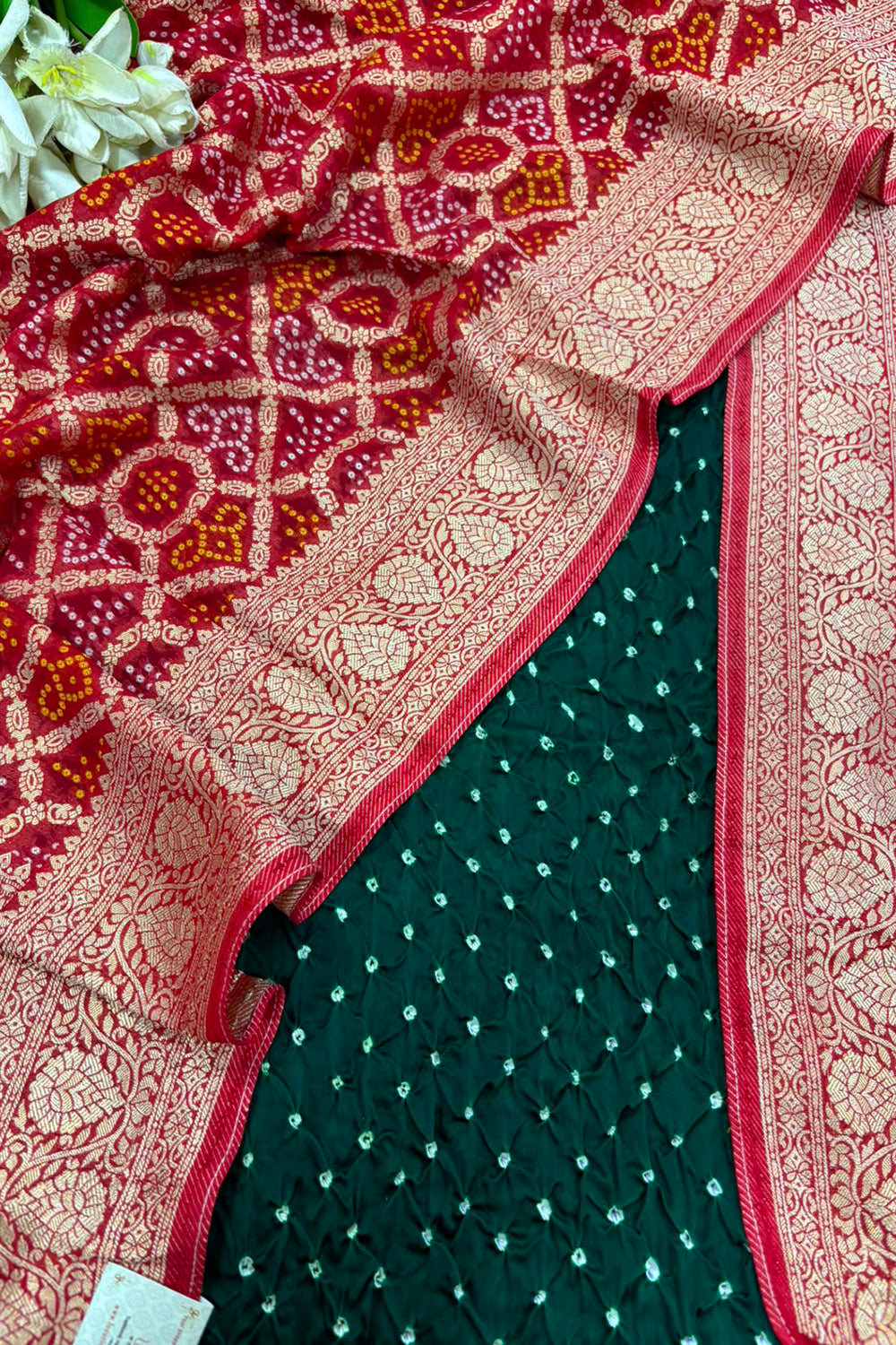 Green Bandhani Modal Silk Suit With Red Banarasi Bandhani Weaved Georgette Dupatta