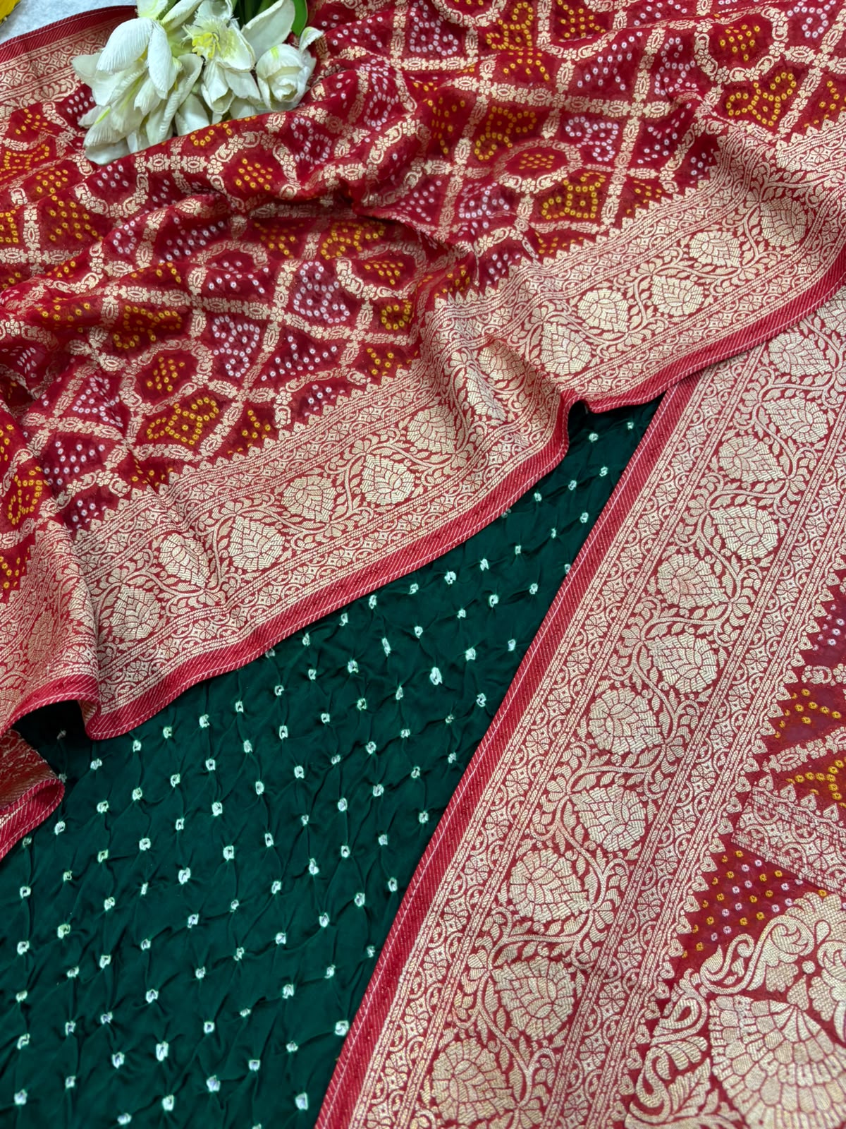 Green Bandhani Modal Silk Suit With Red Banarasi Bandhani Weaved Georgette Dupatta