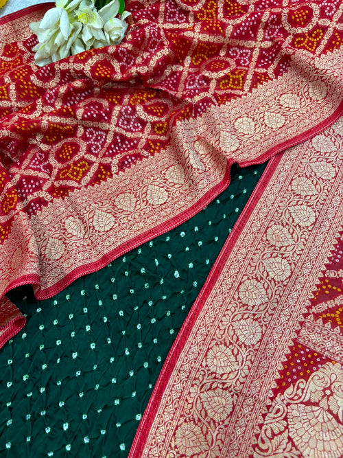 Green Bandhani Modal Silk Suit With Red Banarasi Bandhani Weaved Georgette Dupatta