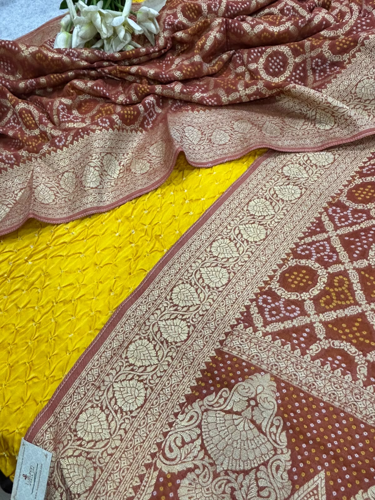 Yellow Bandhani Modal Silk Suit With Brown Banarasi Georgette Dupatta