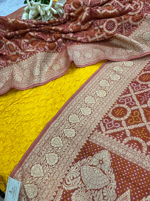 Yellow Bandhani Modal Silk Suit With Brown Banarasi Georgette Dupatta