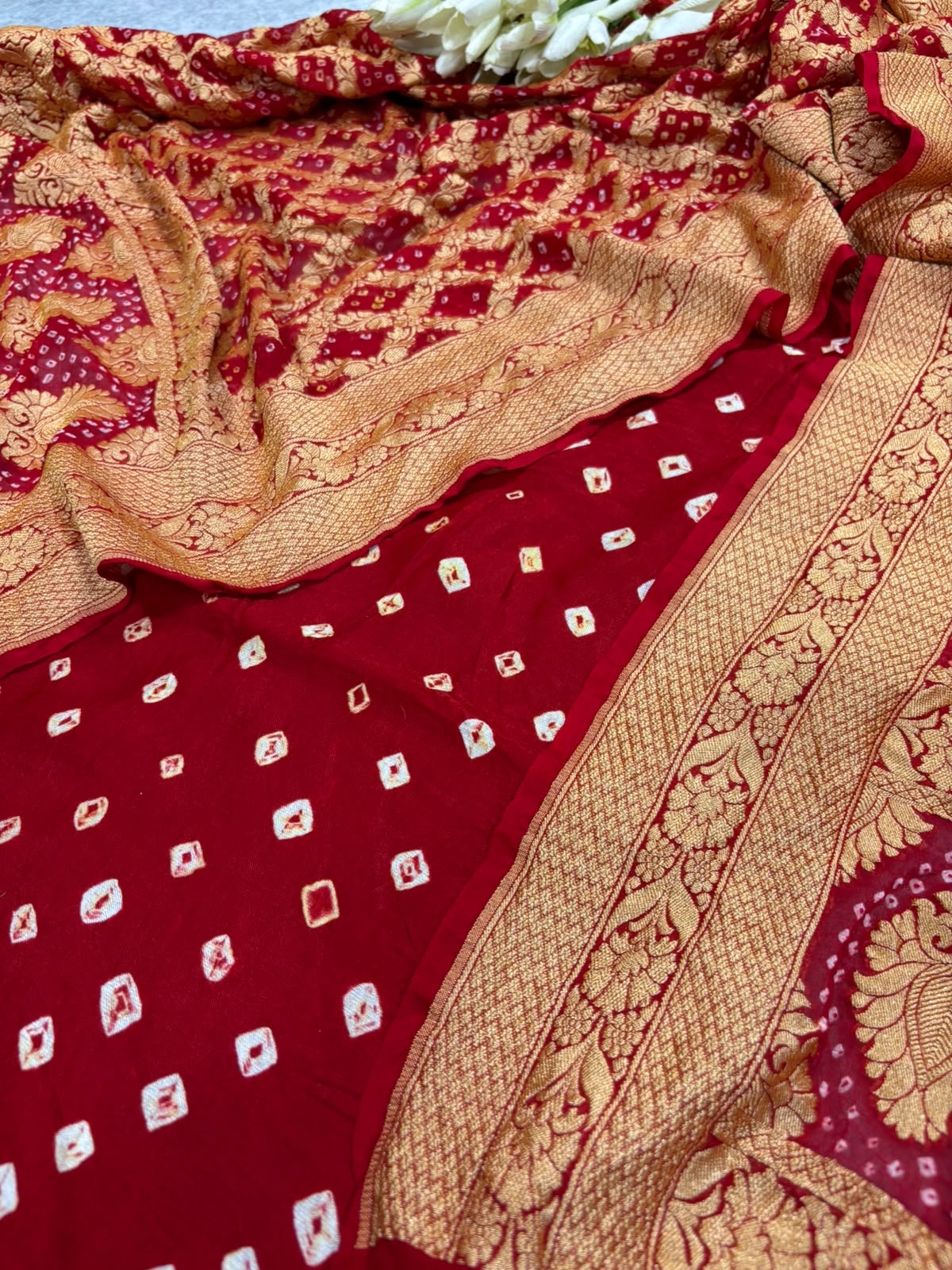 Red Bandhani Modal Silk Suit With Red Banarasi Bandhani Pure Georgette Dupatta