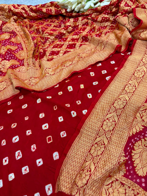 Red Bandhani Modal Silk Suit With Red Banarasi Bandhani Pure Georgette Dupatta