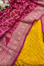 Yellow Bandhani Modal Silk Suit With Pink Banarasi Bandhani Georgette Dupatta