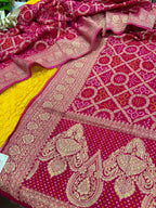 Yellow Bandhani Modal Silk Suit With Pink Banarasi Bandhani Georgette Dupatta