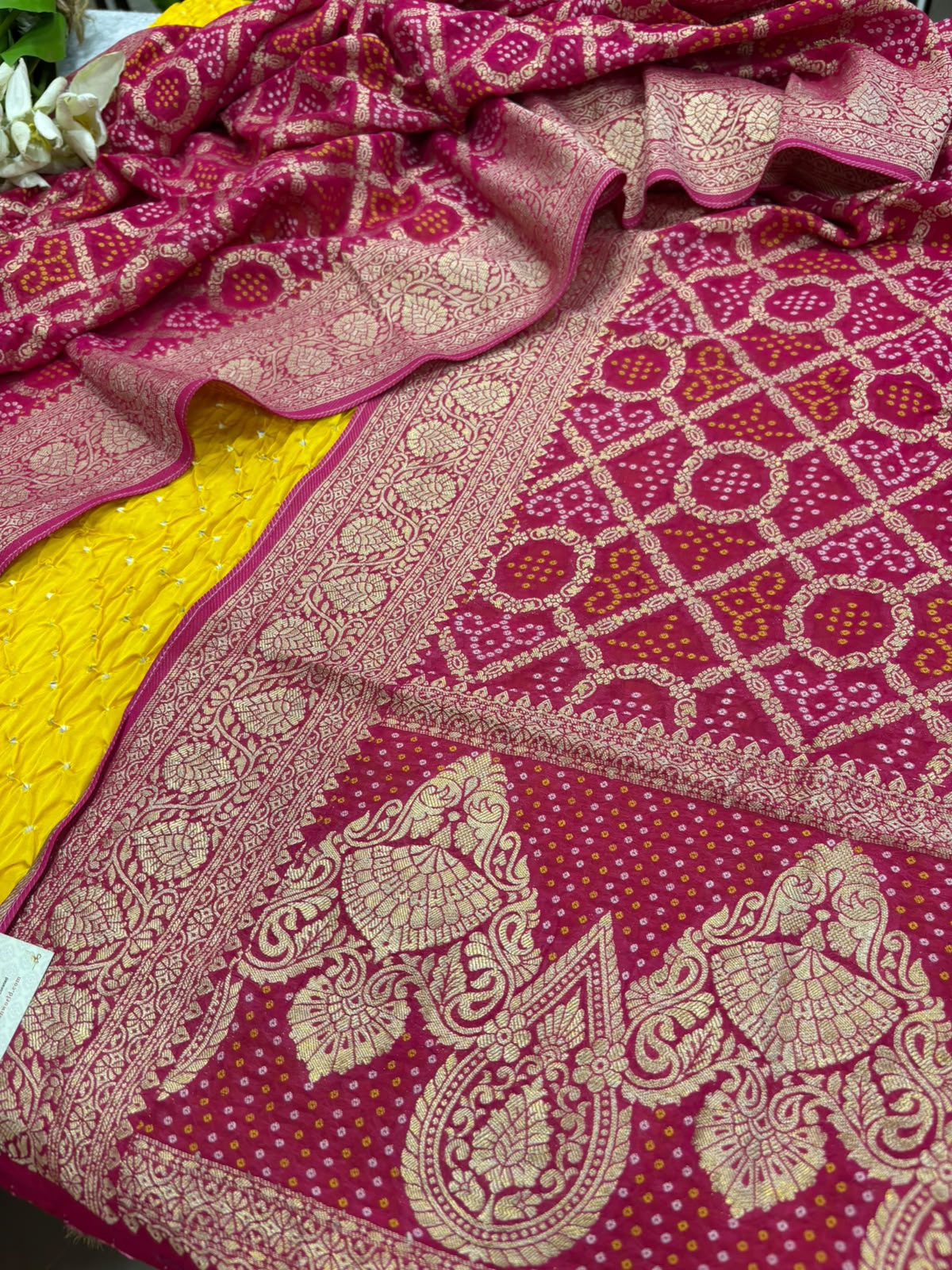 Yellow Bandhani Modal Silk Suit With Pink Banarasi Bandhani Georgette Dupatta