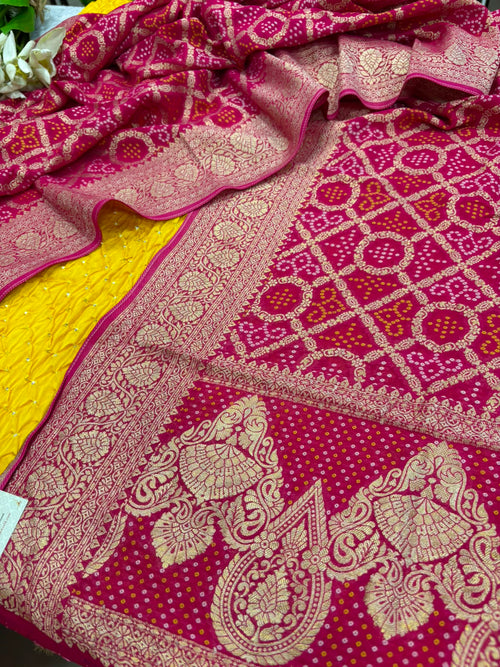 Yellow Bandhani Modal Silk Suit With Pink Banarasi Bandhani Georgette Dupatta
