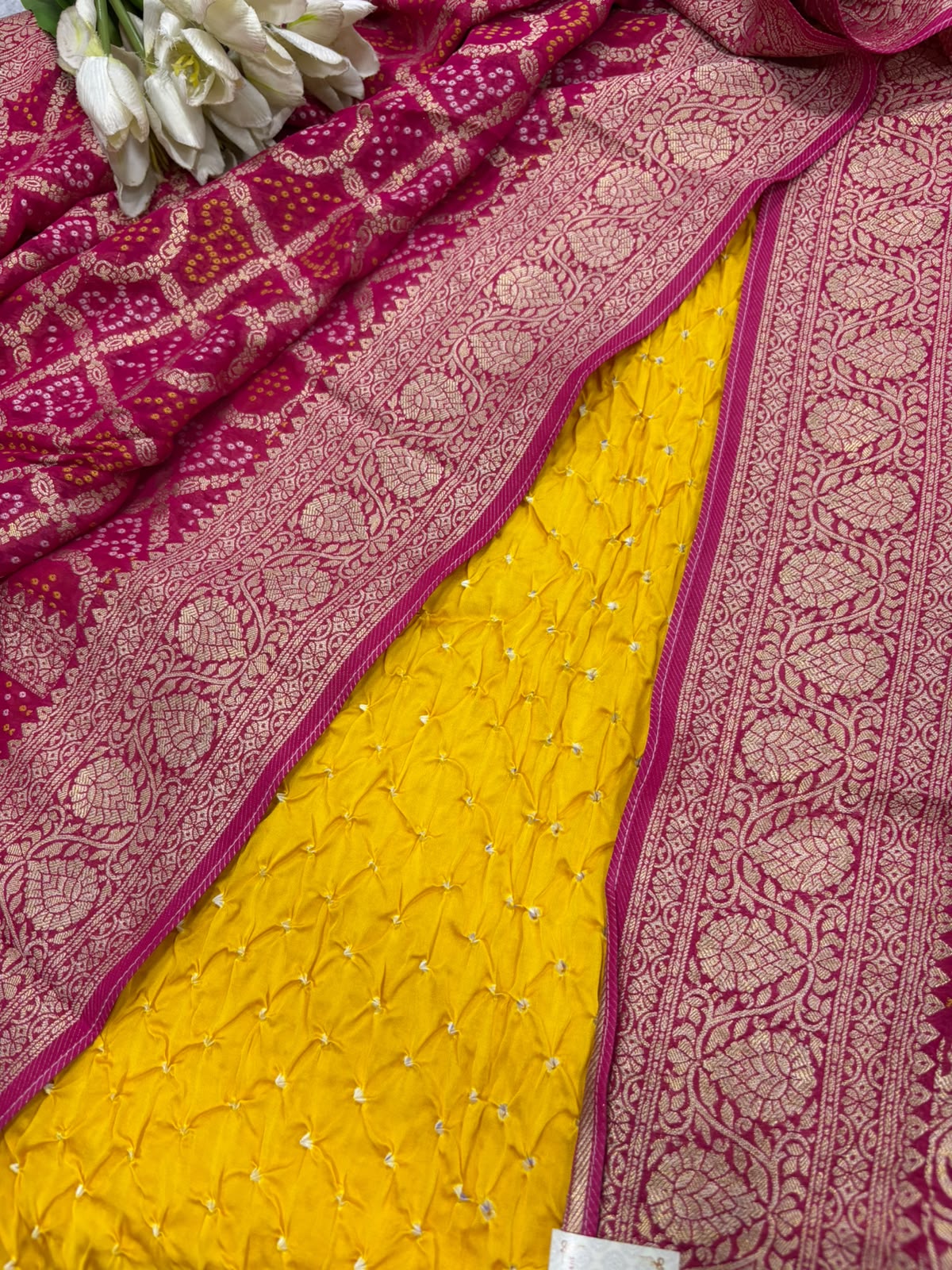 Yellow Bandhani Modal Silk Suit With Pink Banarasi Bandhani Georgette Dupatta