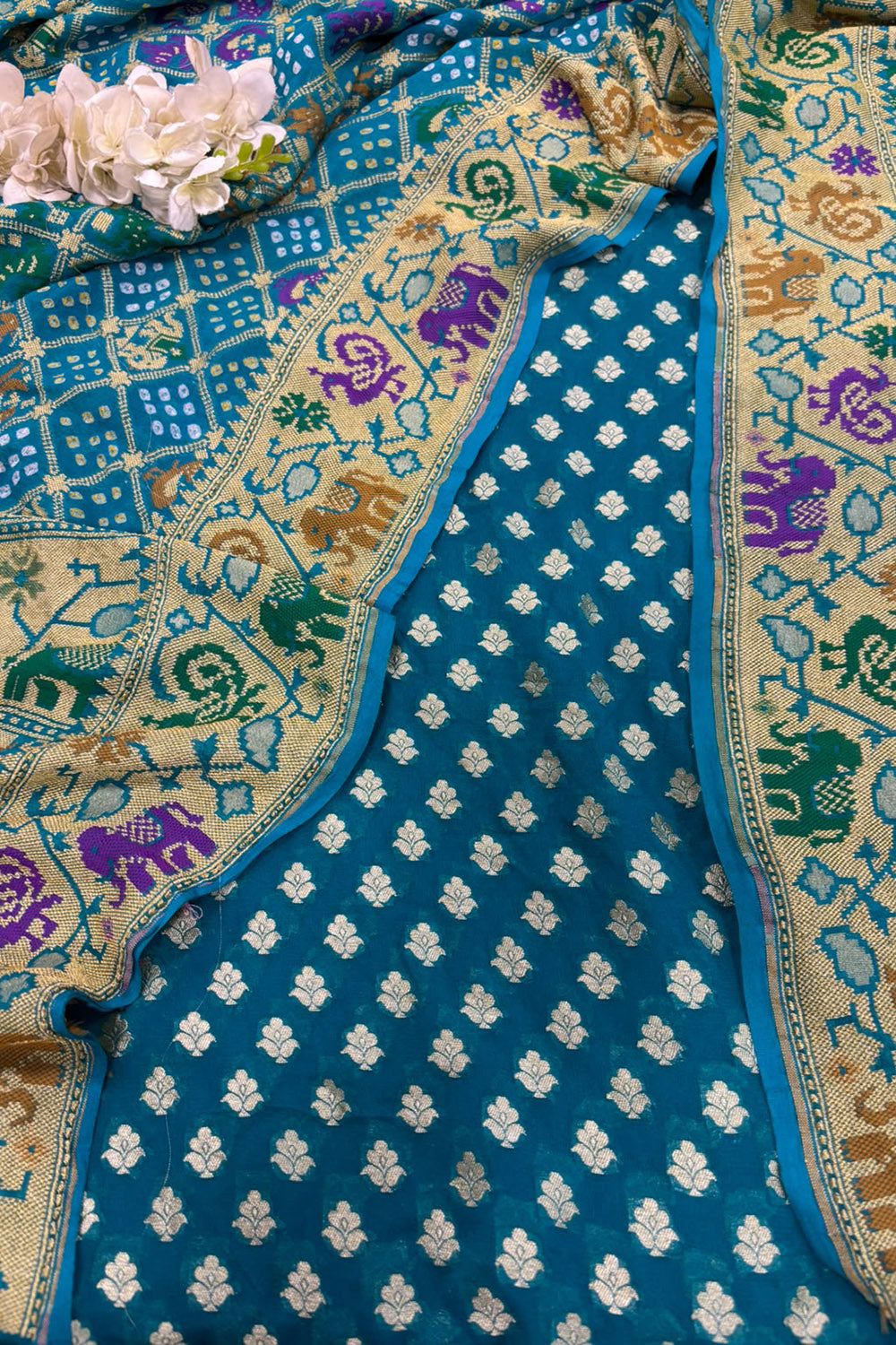 Blue Banarasi Handloom Pure Georgette Suit With Bandhani Dupatta
