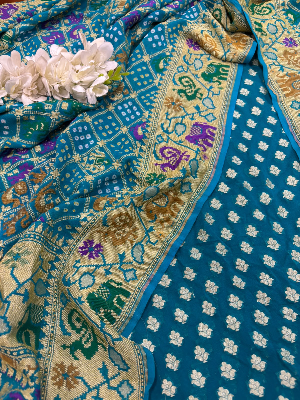 Blue Banarasi Handloom Pure Georgette Suit With Bandhani Dupatta