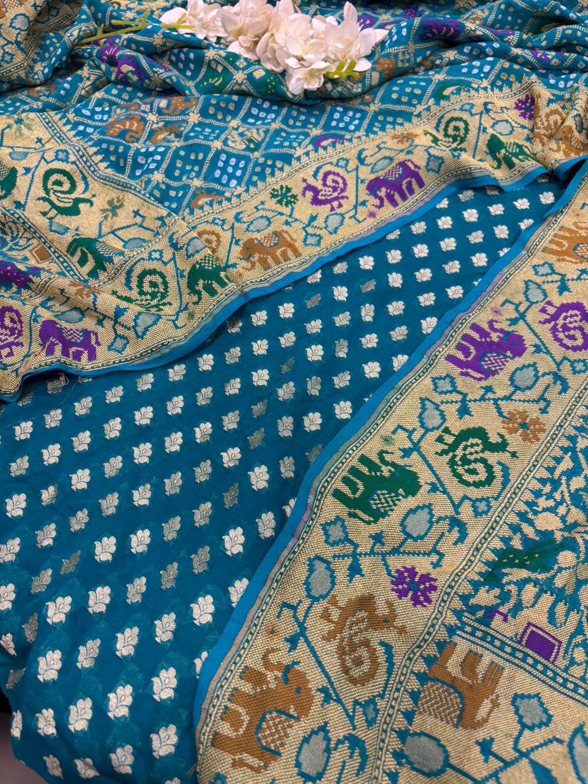 Blue Banarasi Handloom Pure Georgette Suit With Bandhani Dupatta