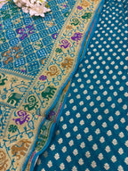 Blue Banarasi Handloom Pure Georgette Suit With Bandhani Dupatta