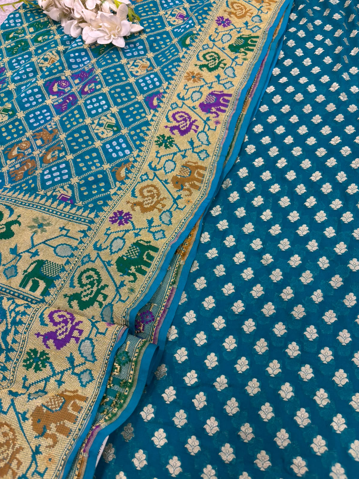 Blue Banarasi Handloom Pure Georgette Suit With Bandhani Dupatta