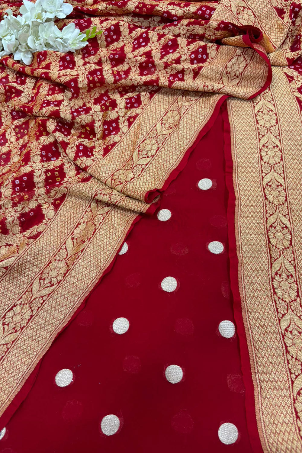 Red Banarasi Handloom Pure Georgette Suit With Bandhani Dupatta