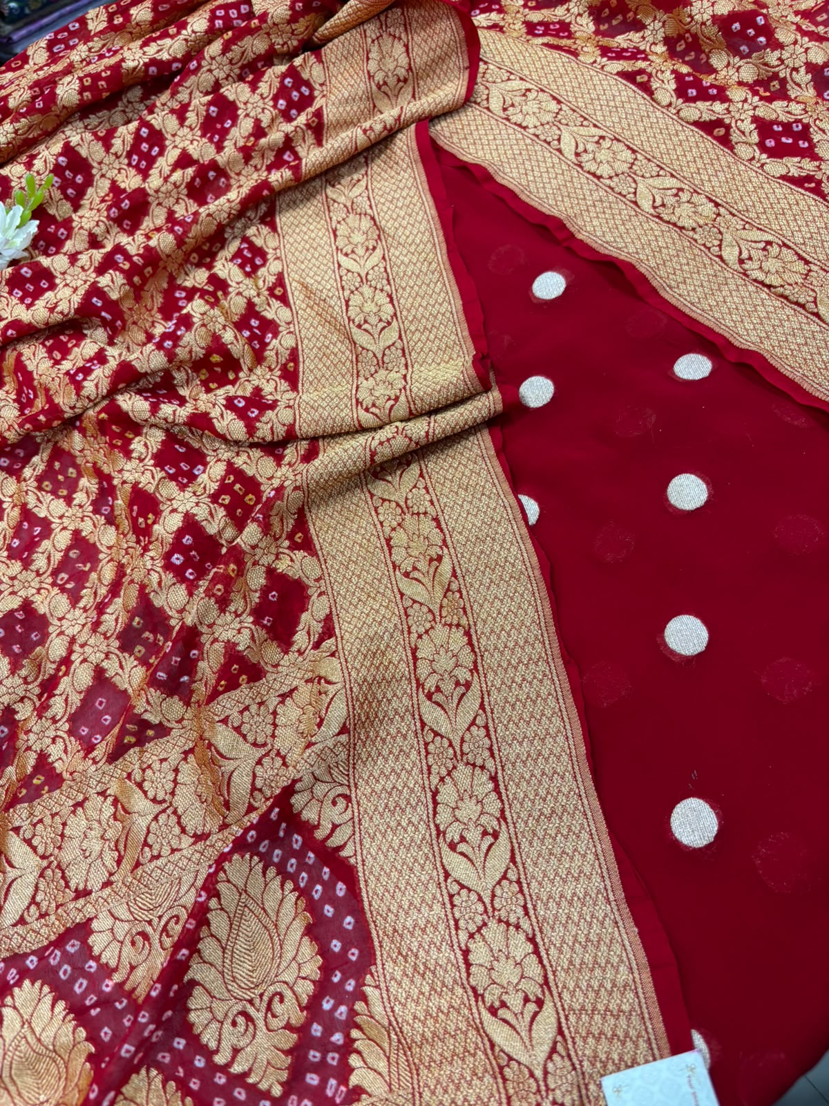 Red Banarasi Handloom Pure Georgette Suit With Bandhani Dupatta