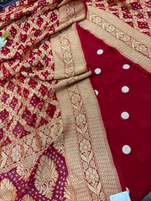 Red Banarasi Handloom Pure Georgette Suit With Bandhani Dupatta