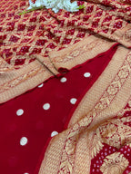 Red Banarasi Handloom Pure Georgette Suit With Bandhani Dupatta