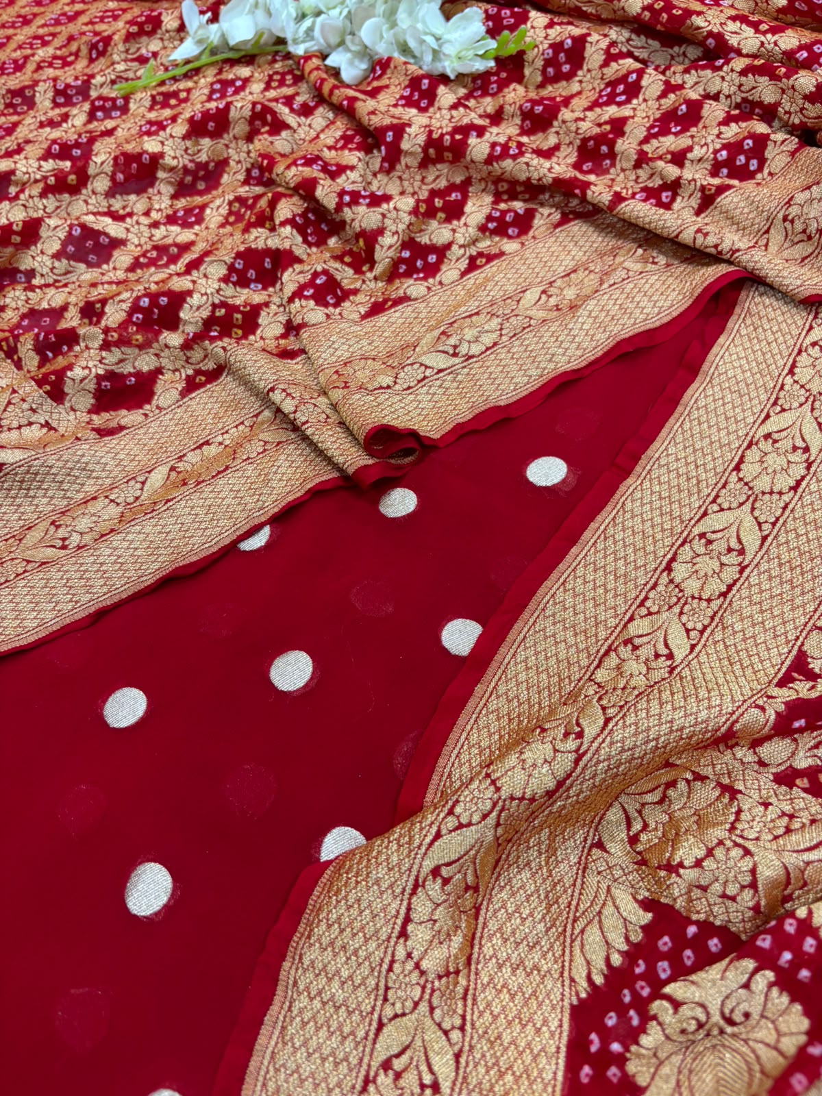 Red Banarasi Handloom Pure Georgette Suit With Bandhani Dupatta