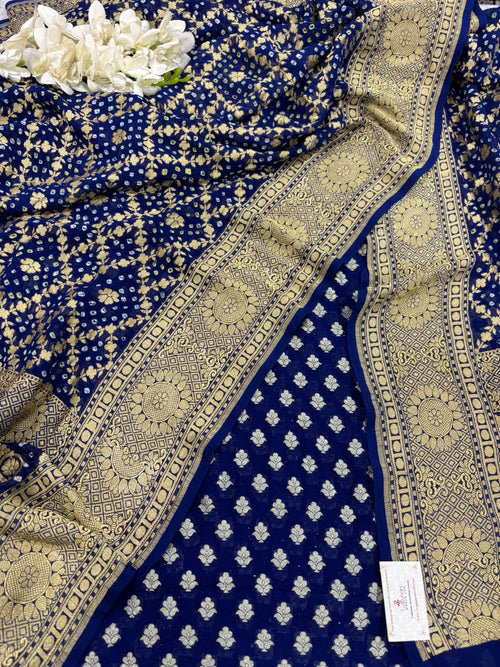 Blue Handloom Banarasi Pure Georgette Suit With Bandhani Pure Georgette Dupatta