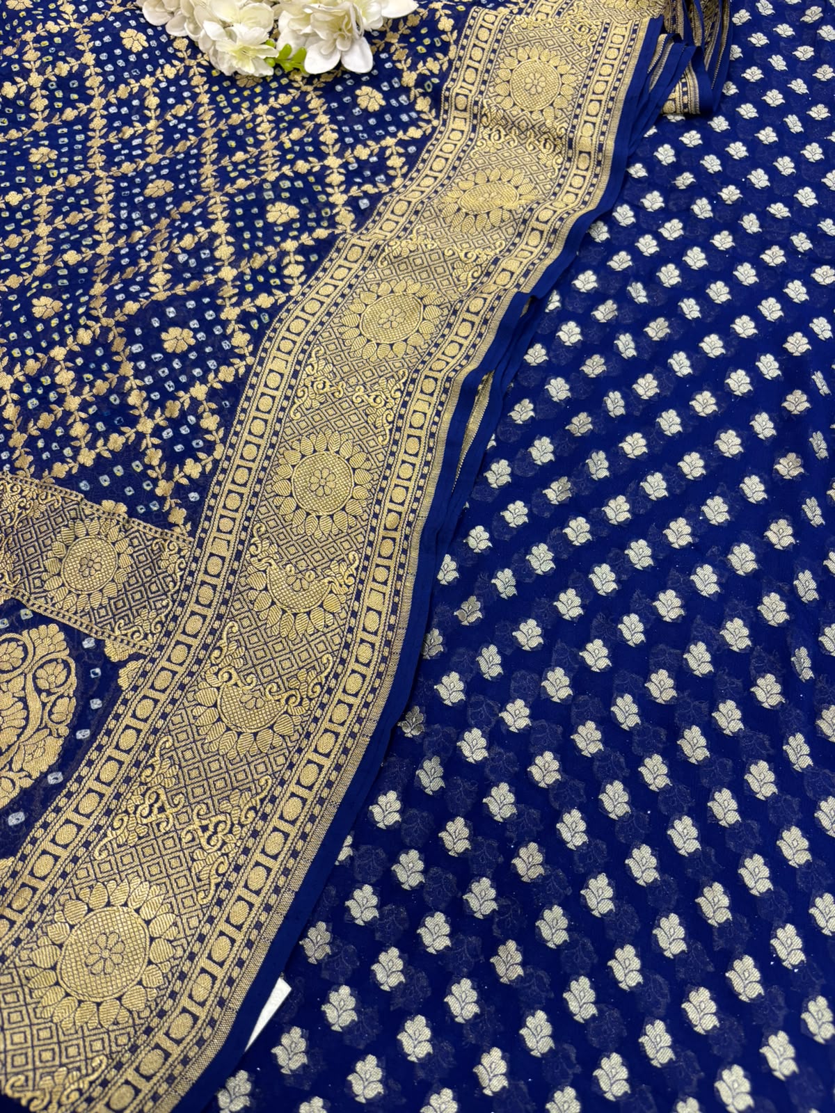 Blue Handloom Banarasi Pure Georgette Suit With Bandhani Pure Georgette Dupatta