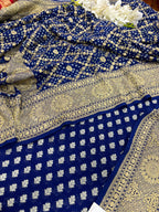 Blue Handloom Banarasi Pure Georgette Suit With Bandhani Pure Georgette Dupatta