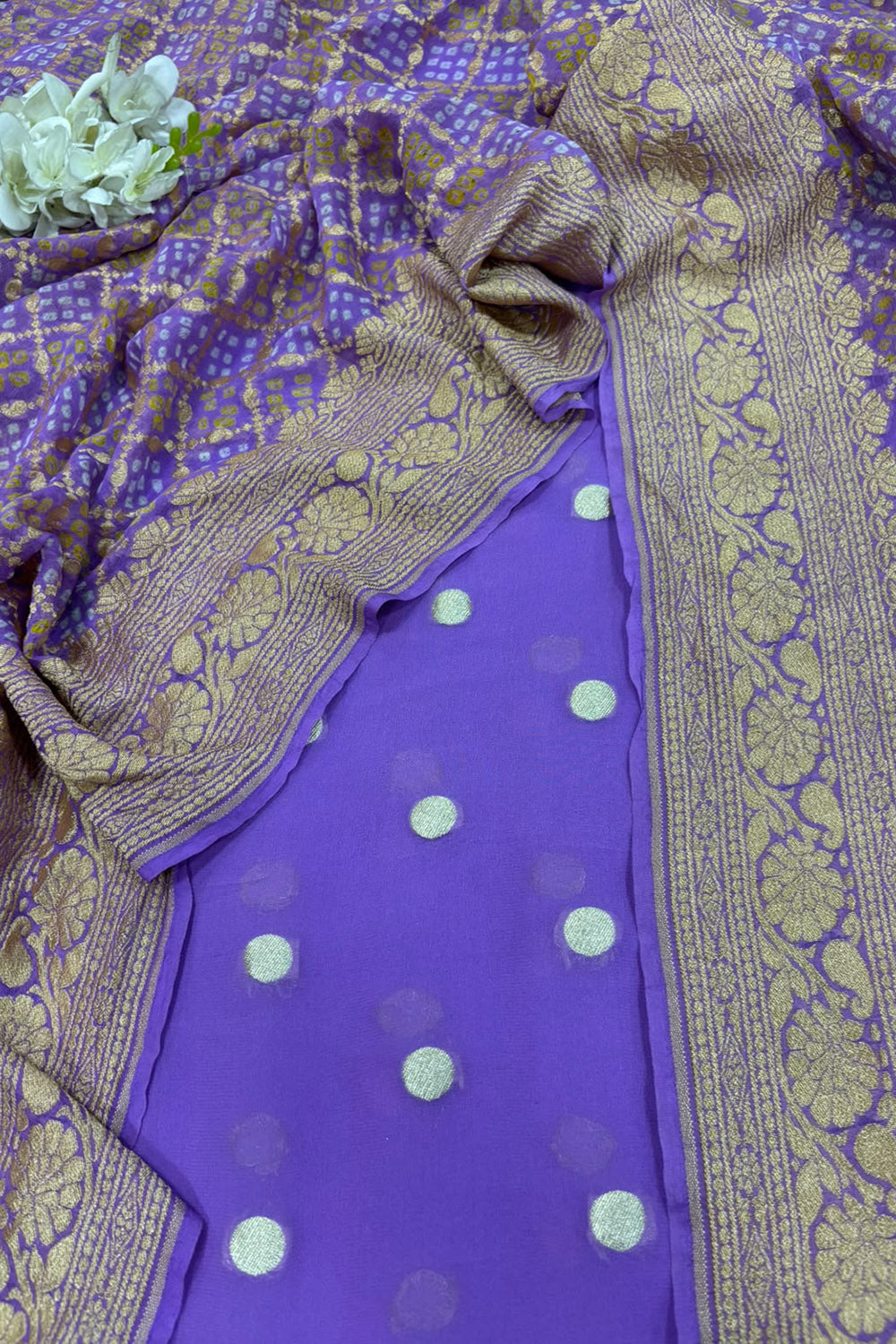 Lavender Handloom Banarasi Pure Georgette Suit With Bandhani Pure Georgette Dupatta