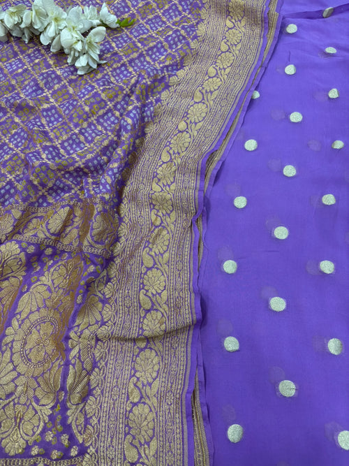 Lavender Handloom Banarasi Pure Georgette Suit With Bandhani Pure Georgette Dupatta