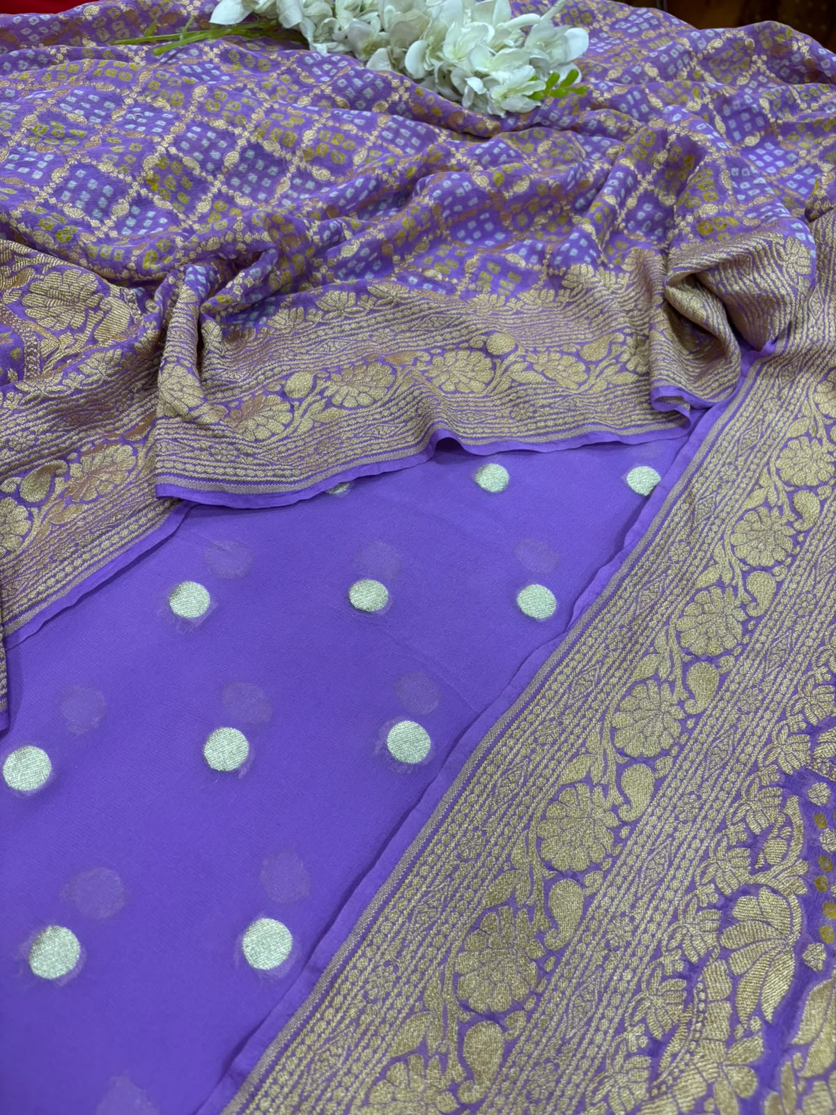 Lavender Handloom Banarasi Pure Georgette Suit With Bandhani Pure Georgette Dupatta