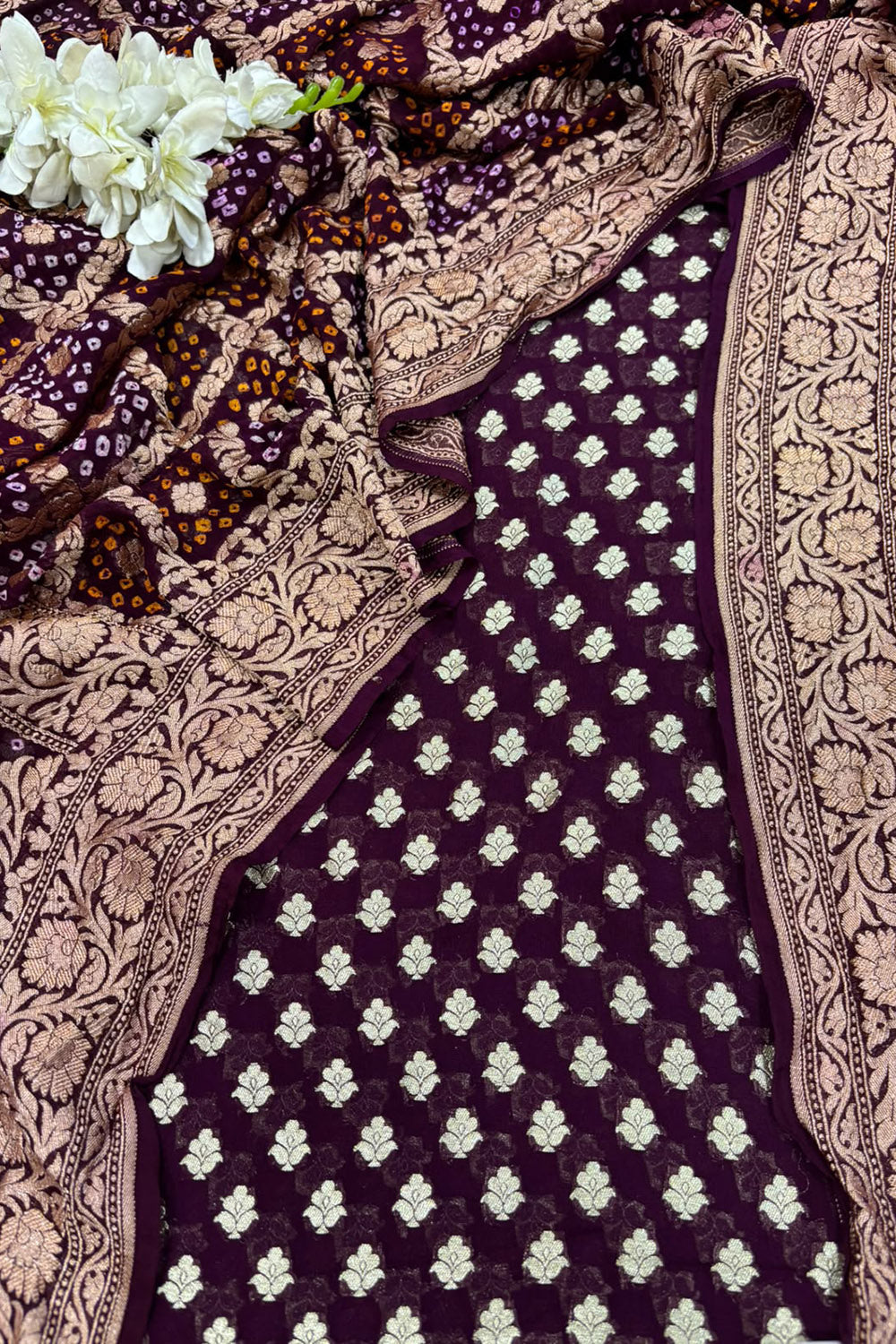 Wine Handloom Banarasi Pure Georgette Suit With Bandhani Pure Georgette Dupatta