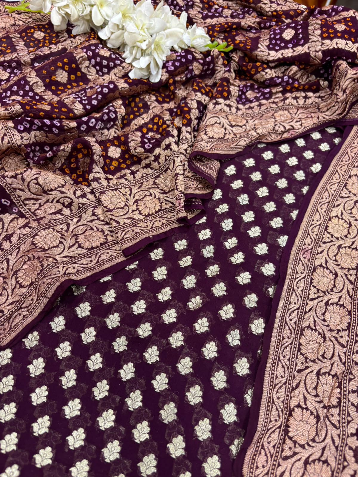 Wine Handloom Banarasi Pure Georgette Suit With Bandhani Pure Georgette Dupatta