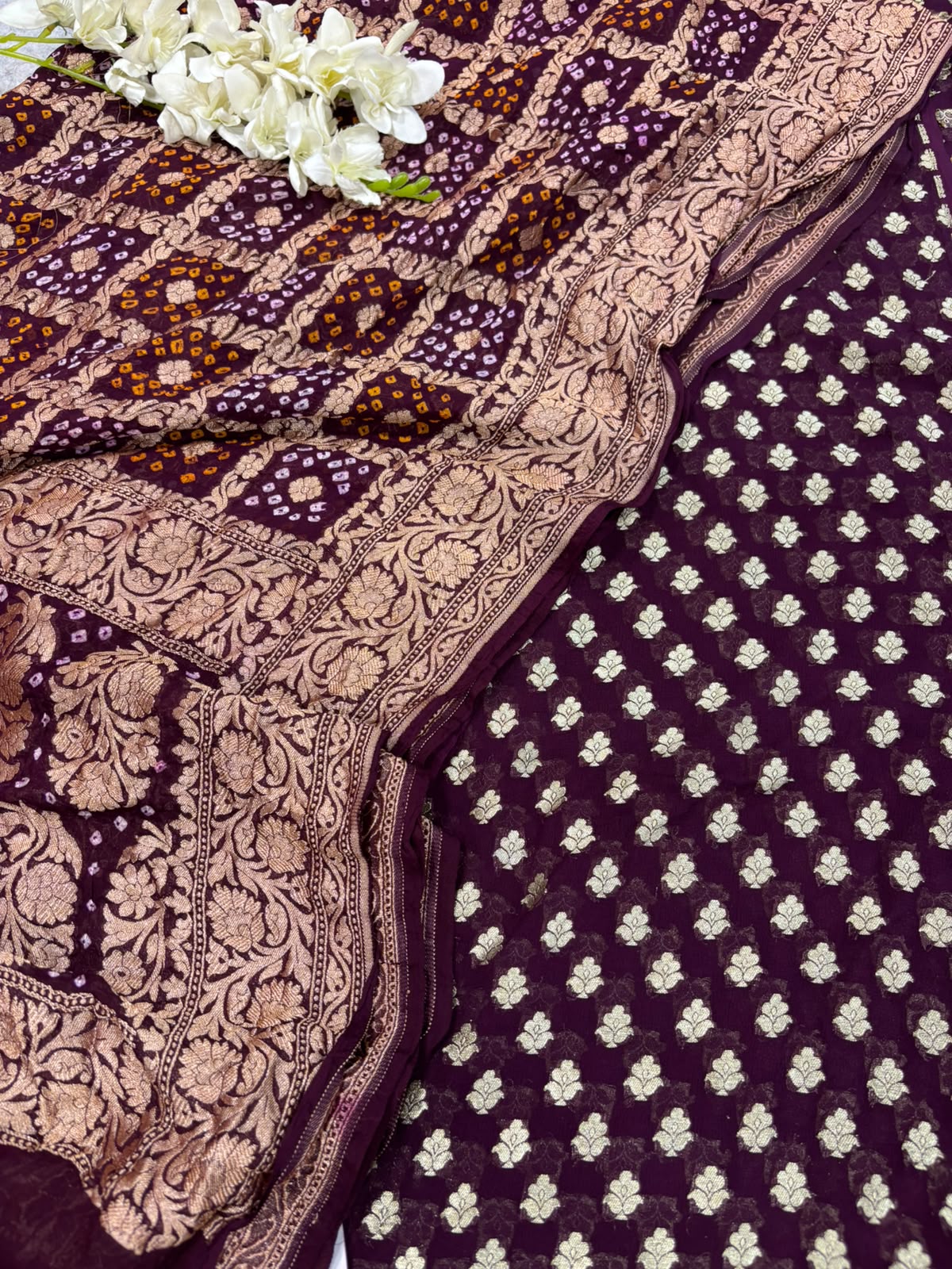 Wine Handloom Banarasi Pure Georgette Suit With Bandhani Pure Georgette Dupatta