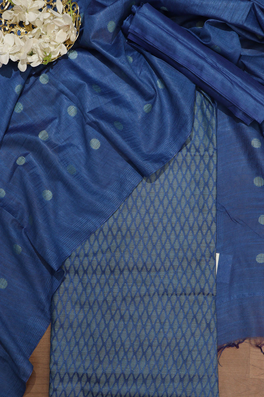 Stylish Blue Bhagalpur Cotton Silk Suit Set - Unstitched 3-Piece - Luxurion World