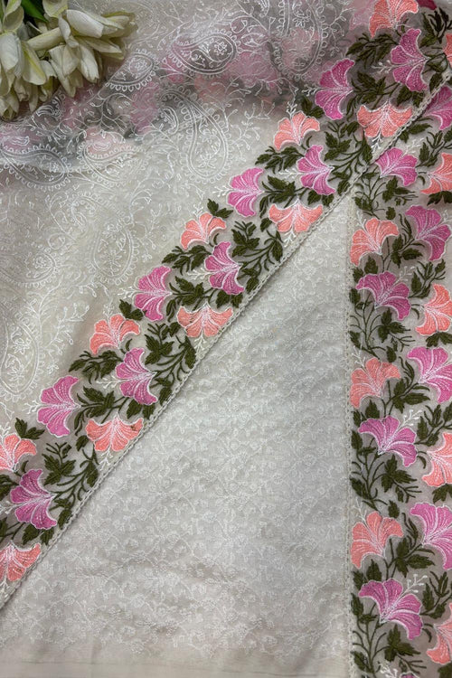Dyeable Chikankari Embroidered Silk Suit With Pastel Embroidered Organza Dupatta - Luxurion World