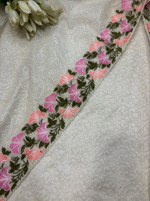 Dyeable Chikankari Embroidered Silk Suit With Pastel Embroidered Organza Dupatta - Luxurion World