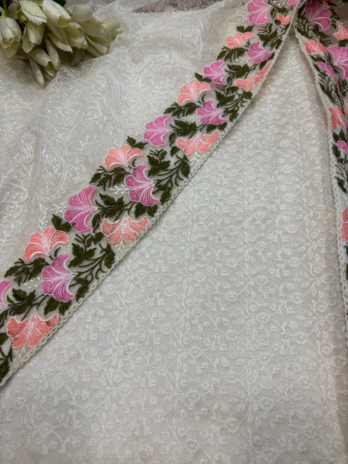Dyeable Chikankari Embroidered Silk Suit With Pastel Embroidered Organza Dupatta - Luxurion World