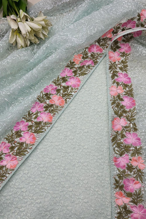 Green Chikankari Embroidered Silk Suit With Embroidered Organza Dupatta - Luxurion World