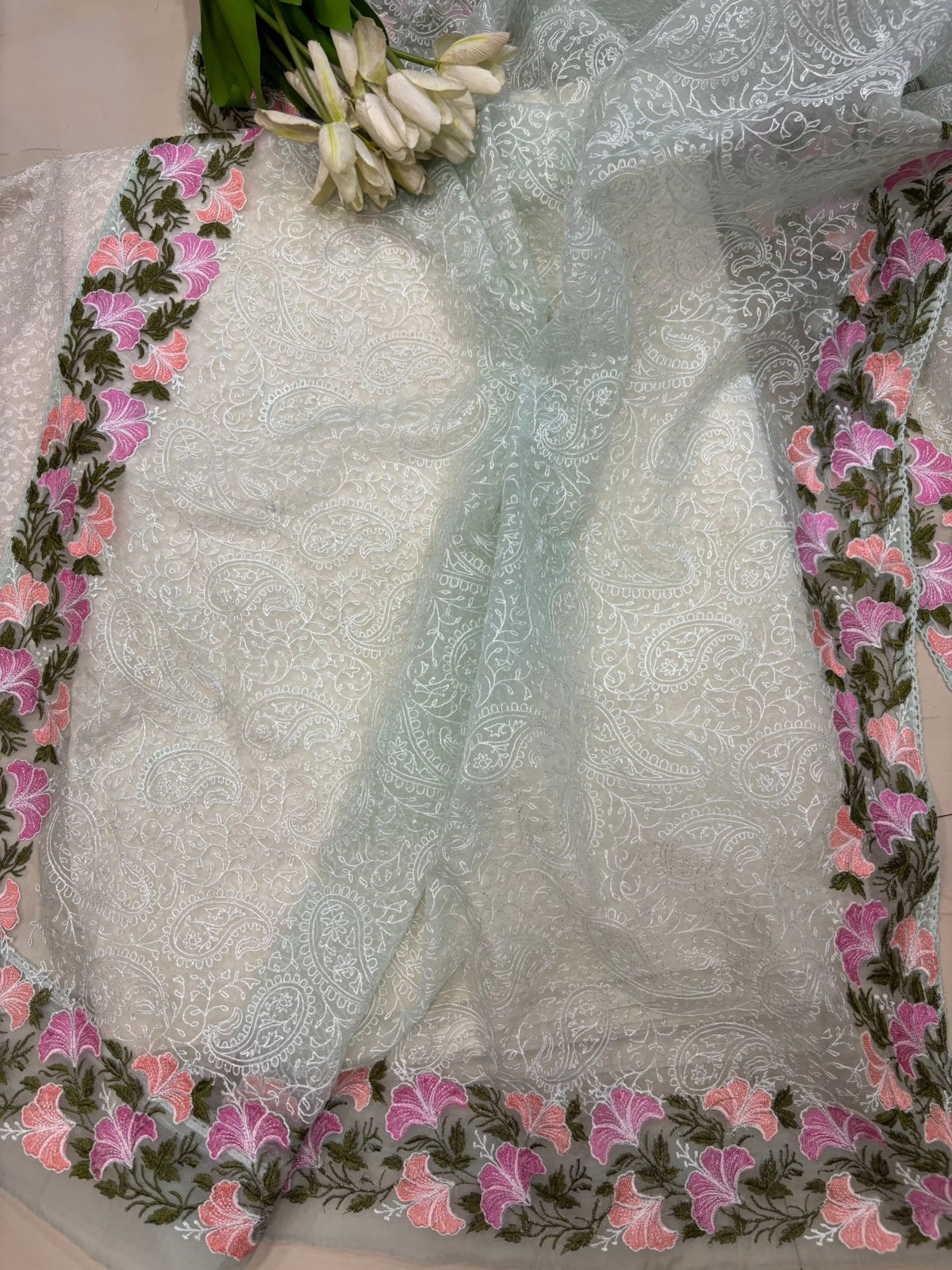Green Chikankari Embroidered Silk Suit With Embroidered Organza Dupatta - Luxurion World