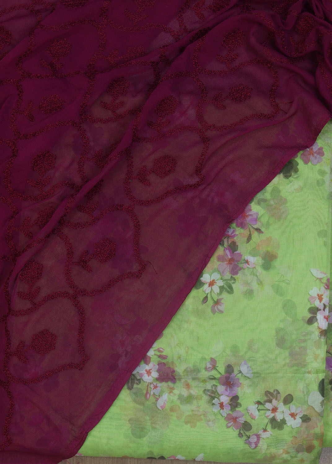 Green Organza Silk Suit with Maroon Dupatta & Digital Embroidery: A Stunning Ensemble for Elegant Occasions - Luxurion World
